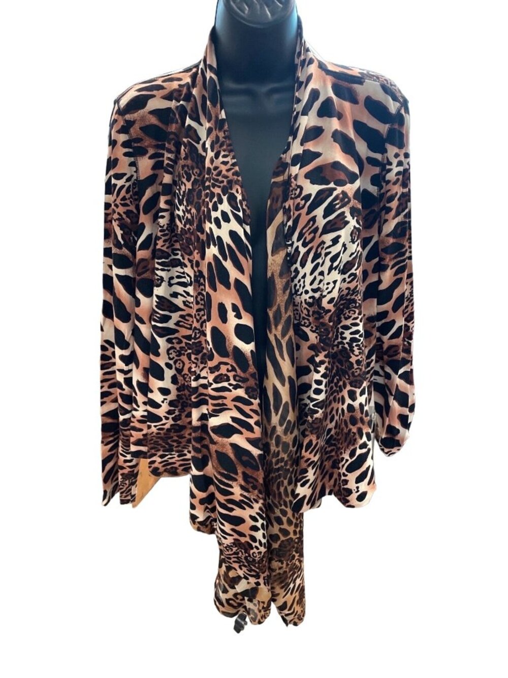 Peter Nygard Medium Open Front Animal Print Cardigan Jacket Brown Black Mobwife